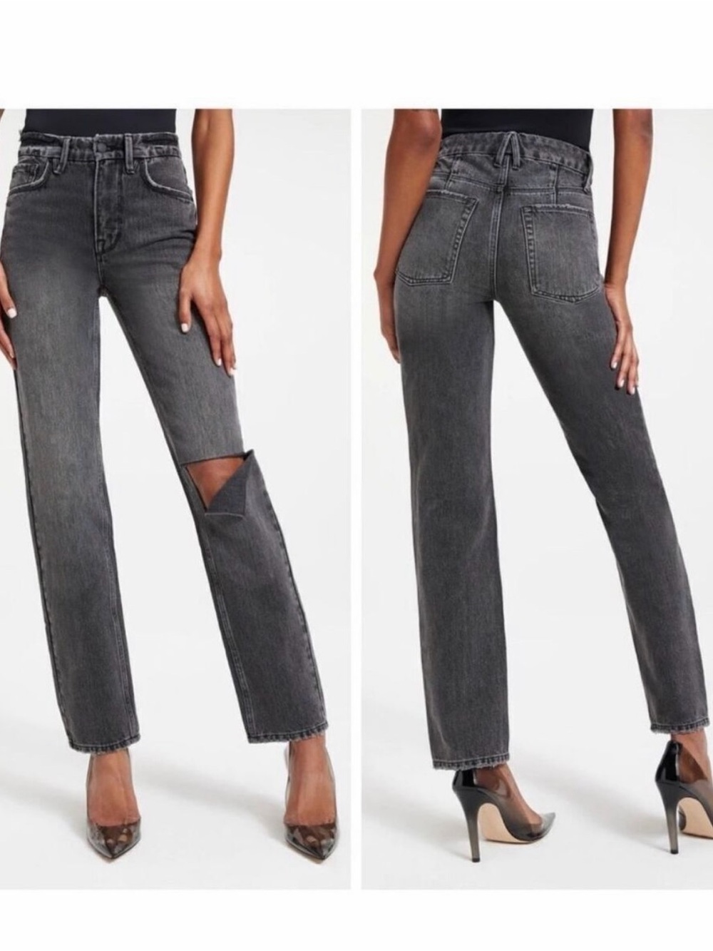 Good American Good 90s Straight Leg Jeans in Washed Black with Knee Rip 6/28 - Picture 2 of 5